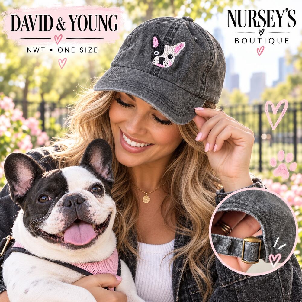 David and Young French Bulldog Embroidered Washed Black Hat NWT OS